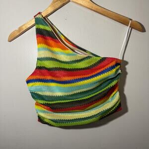 Miss Sparkling Multicolor Crochet Knit One Shoulder Crop Top Size M